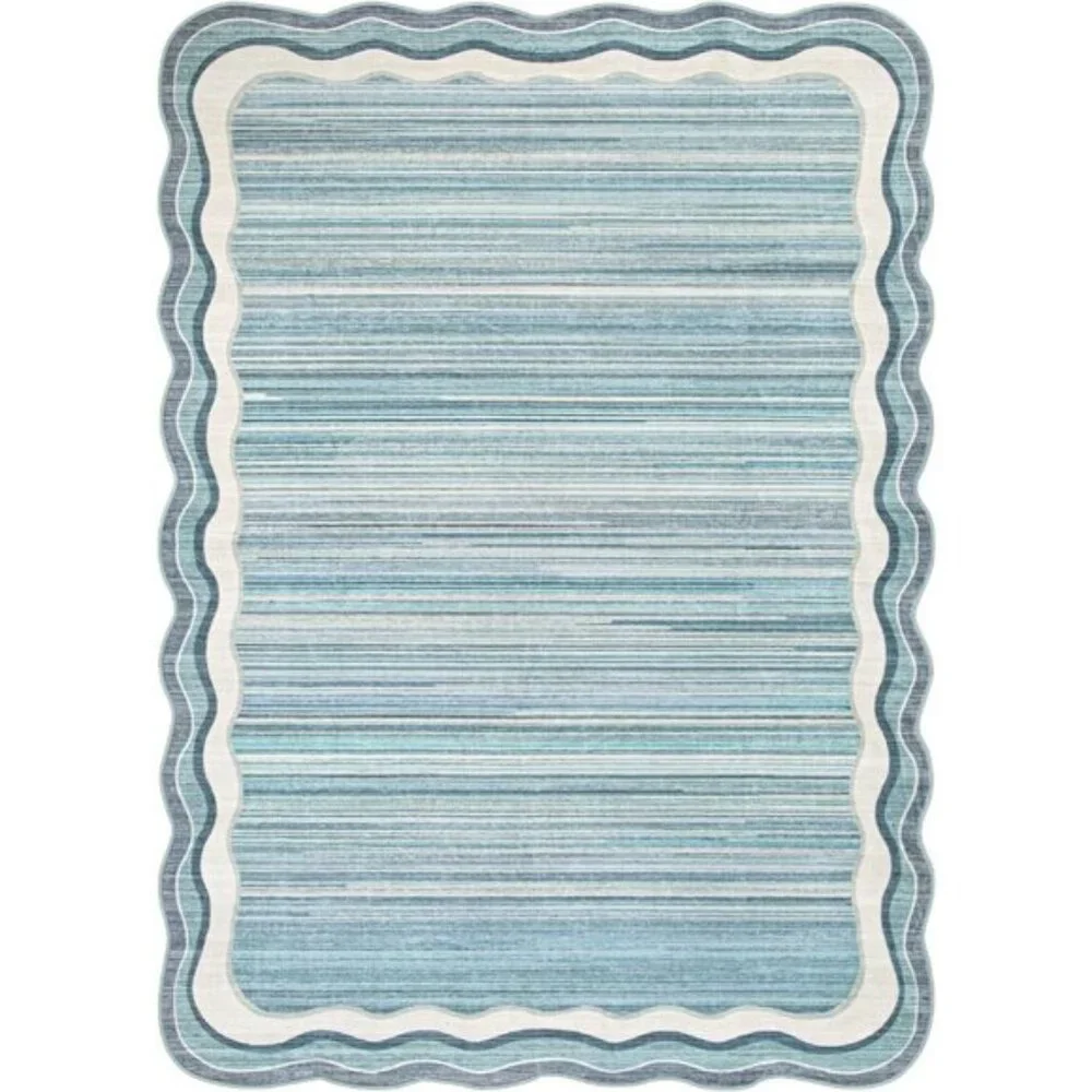 New 5x7 Blue Scalloped Rug, Washable, Non-Slip, Soft Modern Carpet for Bedroom